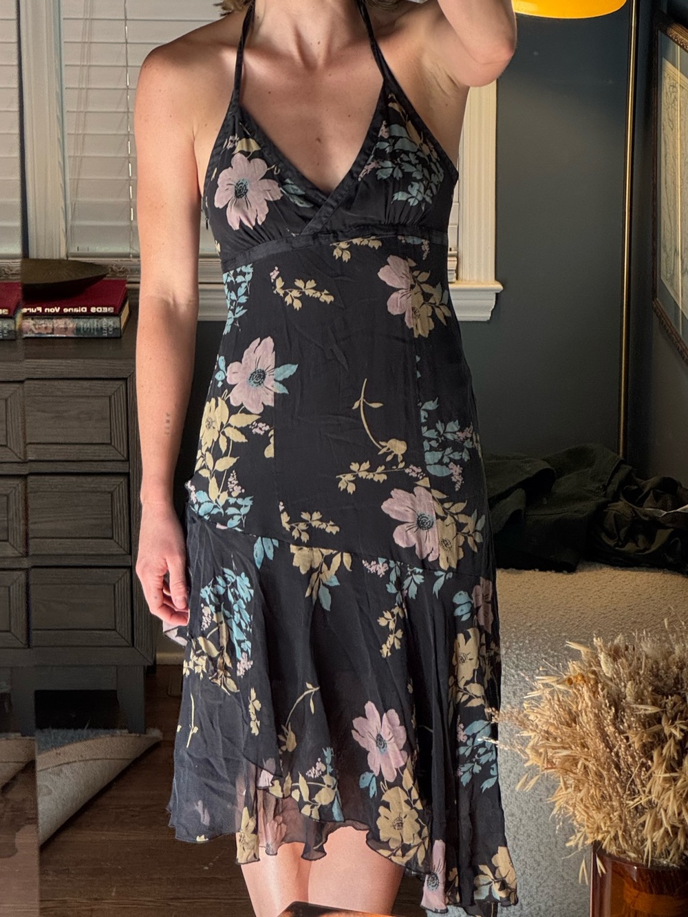 bebe Vintage Y2K Halter Asymmetrical Floral Slip Drop-waist Dress Size Medium